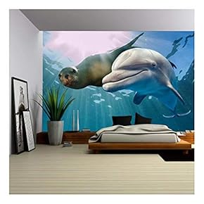 Dolphin and Sea Lion Underwater on Ocean Background Looking at You - Removable Wall Mural | Self-Adhesive Large Wallpaper - 66x96 inches