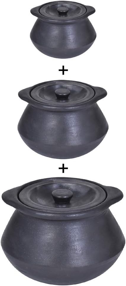 (3 PC Set) Natural Black Oval Pot with Handle (Size: 1, 1.5 & 2 LTR) for preparing Rice, Sambar, Rasam, Kadhi,Boiling Milk,Churning Curd!Flat Bottom!(Finish:Smooth UNGLAZED Finish)