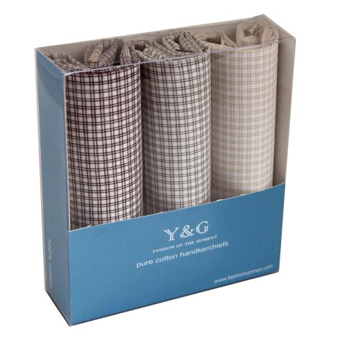 YEA0201 Checkered 3 Piece In Gift Pack Y&G Mens Hankies - Brown,Beige,Olive Drab