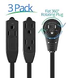 Maximm Cable 1 Ft 360&deg; Rotating Flat Plug Extension Cord/Wire, 12 Inch Multi Outlet Extension Wire, 3 Prong Grounded Wire - Black - 3 Pack, UL Listed
