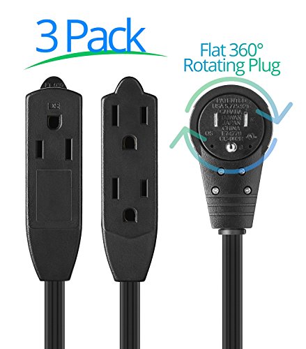 Maximm Cable 1 Ft 360&deg; Rotating Flat Plug Extension Cord/Wire, 12 Inch Multi Outlet Extension Wire, 3 Prong Grounded Wire - Black - 3 Pack, UL Listed