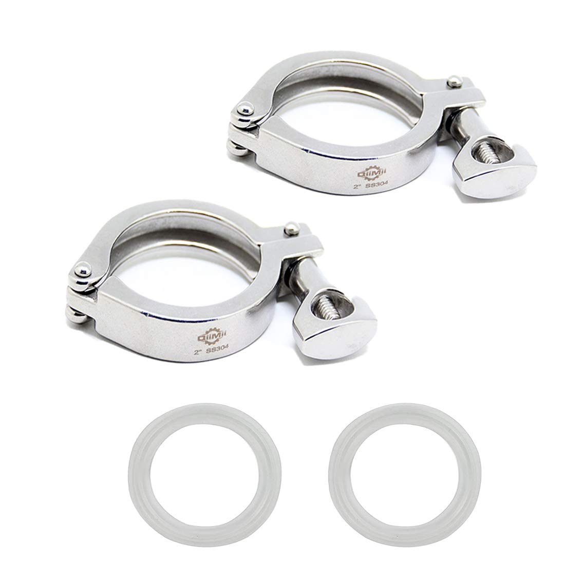 QiiMii Stainless Steel 304 Heavy Duty Sanitary Clamp Single Pin Tri Clover 2 inch with 1 pc Silicone Gasket, 2 Pack