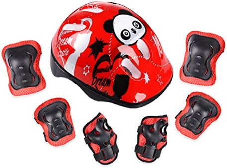 7Pcs Panda Kids Bicycle Helmet Elbow Wrist Knee Pads Sport Cyling Bike For Children Skateboard Mtb Riding Casco Ciclismo Red