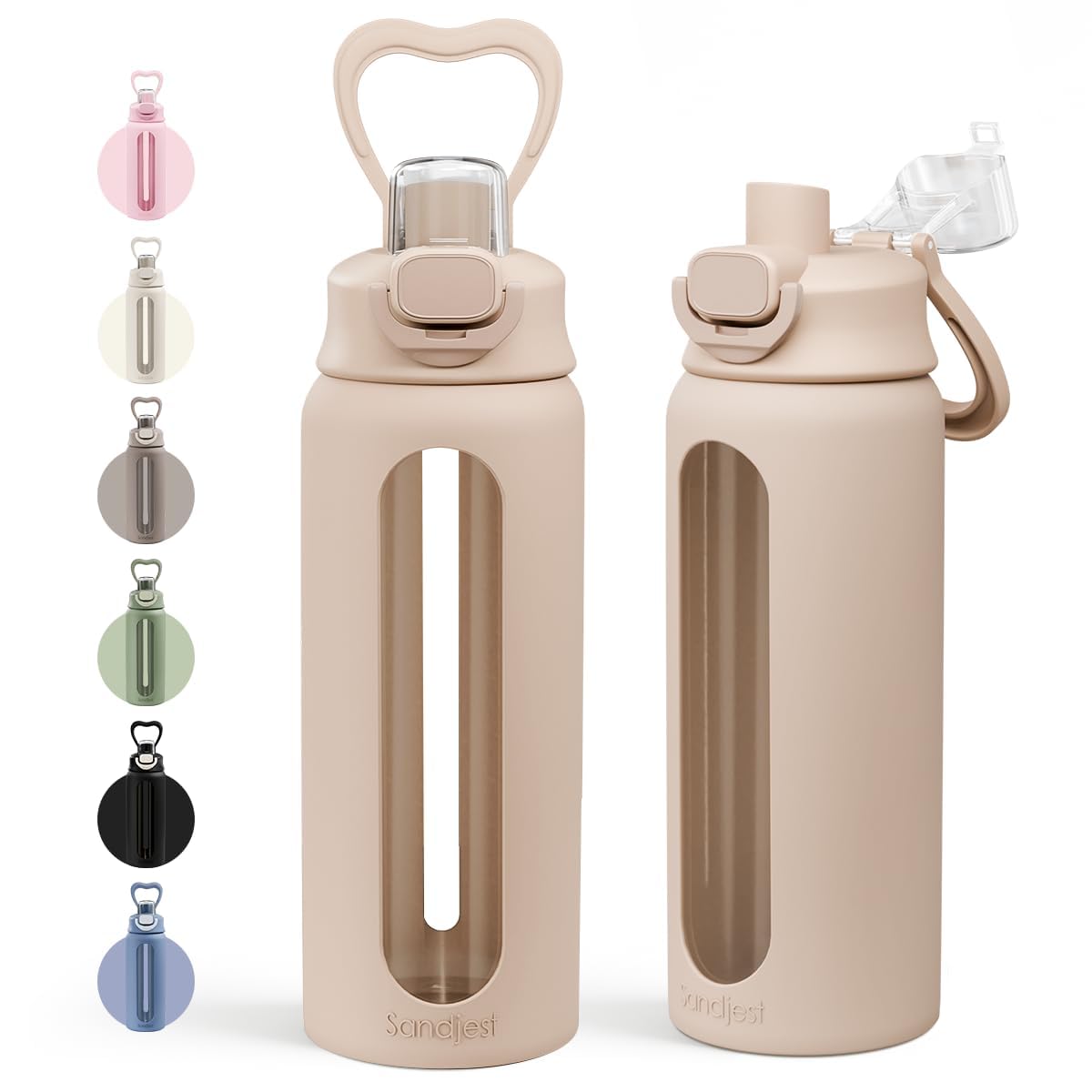 Photo 1 of SANDJEST Glass Water Bottle with Silicone Sleeve 24oz with Lid, Motivational Time Marker, Drinking Hydration Glass Bottles for Men Women, Gym Travel Sports (Beige)