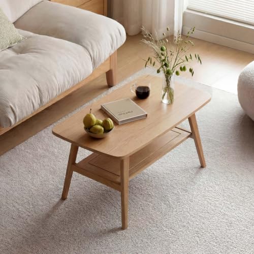 YESWOOD Solid Oak Coffee Table, Living Room Table with Storage 2 Levels, Solid Wood Coffee Table Ideal for Living Room, 80 x 50 x 44 cm, Natural Oak