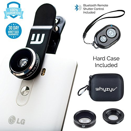 Clip-on Lens kit 3 in 1, Whyzyv smartphone & iPhone camera lens kit, Bluetooth Shutter Remote Control, Fisheye, Macro, Wide Angle cell phone lens for iPhone 7 6 6s Plus 5s, Samsung, MacBook, tablet