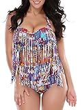 American Trends Women's 2PCS Plus Size High Waist Tankini Tassel Fringe Bikini Retro Print Swimwear Push Up Swimsuit