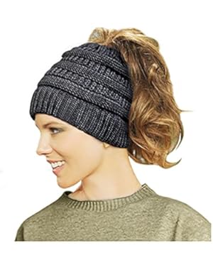Trendy Knit Hat Cable Beanie Stretch Chunky Winter Bun Ponytail Beanie