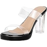 Heels Charm Women's Platform Heels Clear Chunky Block Heeled Sandals Open Toe Two Strap Slip On Block High Heel Sandal Dress Dancing Sandals Daily Work Party Shoes