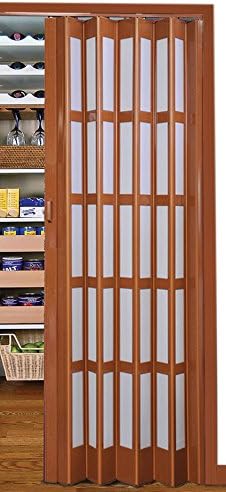 Flexi Space Walnut Glossy Folding Door 34" Wide Roraima Double-Ply with Flexible Vinyl Hinge, Magnetic Latch &amp; Handle, with 5 Short Milky Glass Panel, 0.23'' Thick