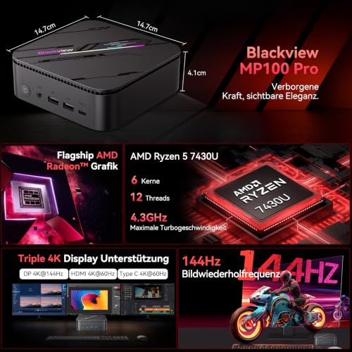 Blackview MP100 Pro Mini PC 2026, AMD Ryzen 7430U, 16GB RAM 512GB SSD, Win 11 Pro Mini Computer, RGB Lighting, Frost Giant 3.0 Cooling, WiFi 6, Triple Display, DP 4K144Hz, VESA, 3 Year Support