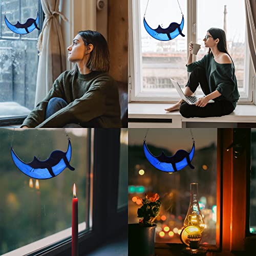 Black Cat Memorial Gifts, 2 Pcs Cat Decor Suncatcher, Window Suncatcher Cat on Moon Memorial Gifts, Gifts for Cat Lovers
