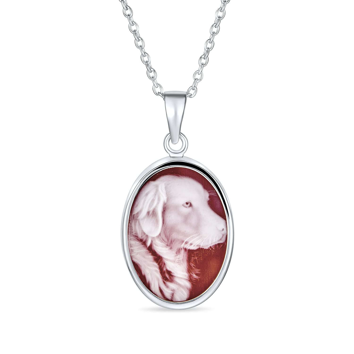 Bling Jewelry Customizable Personalize Vintage Antique Style Brown Dog Portrait Cameo Pendant Necklace For Women Teen .925 Sterling Silver