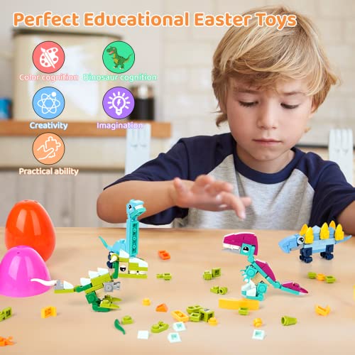 Tideme 12Pcs Prefilled Easter Eggs, Easter Baskets Stuffers with Dinosaurs Building Blocks, Dinosaur Surprise Egg Toys for Kids Easter Egg Hunt, Easter Party Favors, Classroom Event Prizes