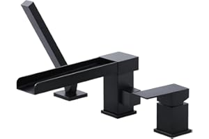 ALEASHA Waterfall Roman Tub Faucet, Bathtub Deck Mount With 360 Spout, Modern Bathroom Faucet Set 3-Holes for Soaking With Sprayer, Black