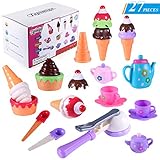 TEPSMIGO Plastic Stack Ice Cream Toy with Play Tea Set, 27 PCS Colored Pretend Food Educational Gifts for Toddler Children Age 3+ Boys Girls