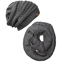 Wrapables Winter Warm Knitted Infinity Scarf and Beanie Hat Set, Charcoal Grey