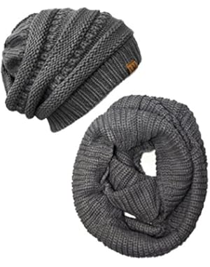 Winter Warm Knitted Infinity Scarf and Beanie Hat Set