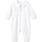 pureborn Unisex Baby Jumpsuit Infant Boys Girls Cotton Spring Fall Romper One-Piece Coverall Baptism Outfit White 0-24 Months