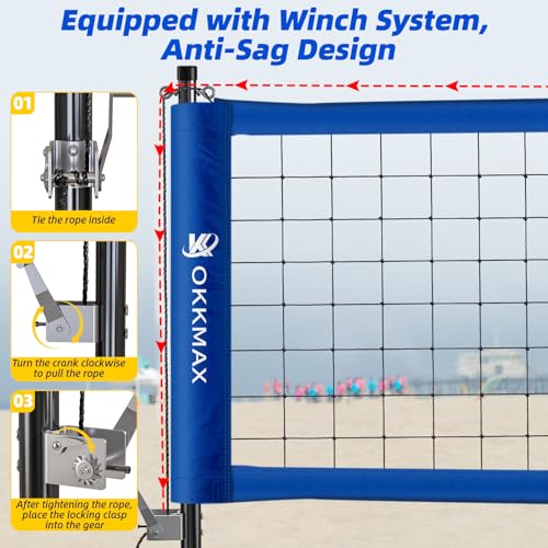 Professional Outdoor Volleyball Net Set with Adjustable Poles & Anti-Sag Design, Portable Volleyball Net Includes Beach Fixed Plate, Scoreboard, Boundary Line & Carry Bag for Backyard Beach