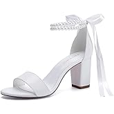 YWXYMGE Block Heel Wedding Shoes for Bride Women Chunky Heeled Sandals Pearl Bridal Shoes