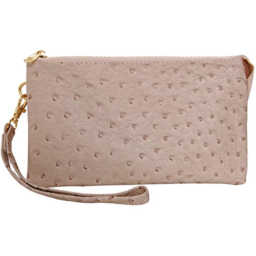 Humble Chic Vegan Leather Faux Ostrich Wristlet - Textured Dot Convertible Wallet Crossbody Bag Clutch Purse with Shoulder Strap, Tan Ostrich, Nude, Beige - Thumbnail 3
