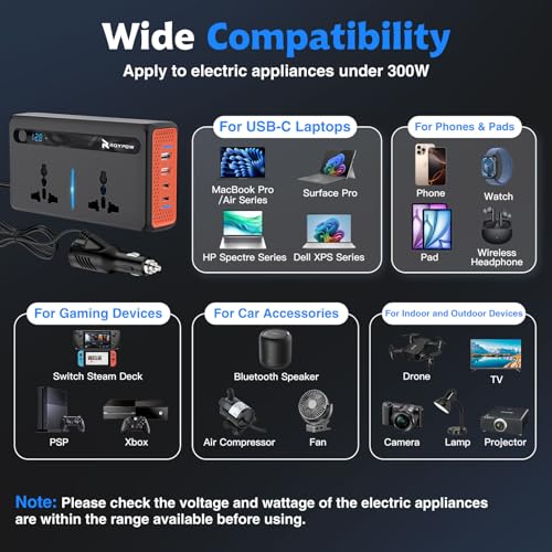 RoyPow 300W Car Power Inverter, DC 12V to 220V AC Power Inverter with Cigarette Lighter Port, Car Plug Adapter Outlet with 3.4A USB-A, QC3.0 24W, PD 30W, PD 36W, Dual AC Outlets (300W)
