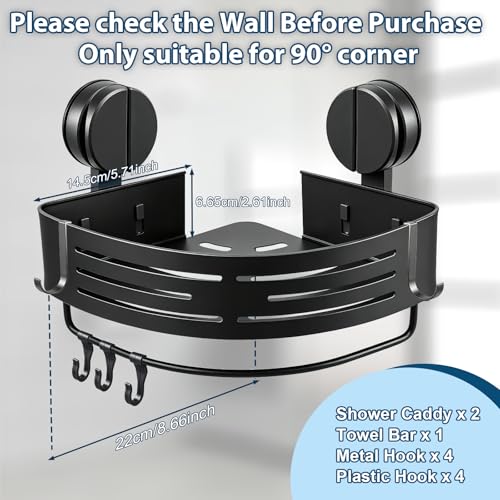 ZBXSNK 2Pcs Corner Shower Caddy, No Drilling Suction Cup Bathroom Corner Shelves, Shower Storage Shelf with Towel Bar & Hooks, for Bathroom Kitchen Vanity & Shampoo, Razors, Spice Bottles