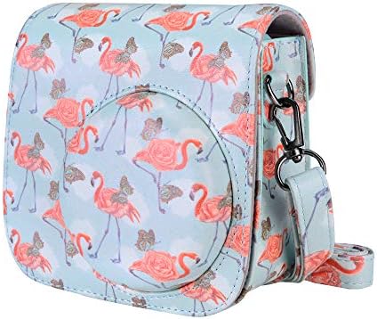Tiessic Instax Mini 9 Camera Case Compatible with Fujifilm Instax Mini 9 Mini 8 Mini 8+ Camera with Shoulder Strap and Pocket - Ice Blue Flamingo