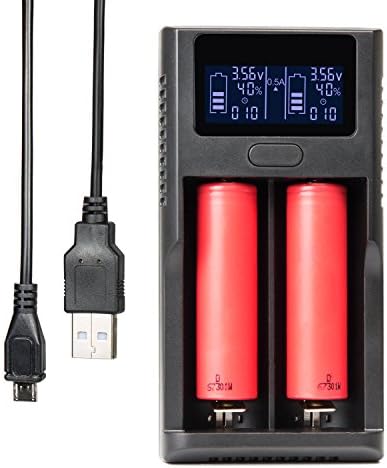 2-Bay Smart Li-ion Battery Charger, for 18650, 26650, 18500, 17335, 3.7V AA, AAA Rechargeable Lithium Batteries, Flashlight Torch headlamp Charger, USB Port Dual Channel with LCD