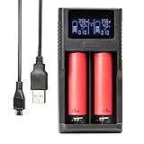 2-Bay Smart Li-ion Battery Charger, for 18650, 26650, 18500, 17335, 3.7V AA, AAA Rechargeable Lithium Batteries, Flashlight Torch headlamp Charger, USB Port Dual Channel with LCD