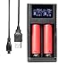 2-Bay Smart Li-ion Battery Charger, for 18650, 26650, 18500, 17335, 3.7V AA, AAA Rechargeable Lithium Batteries, Flashlight Torch headlamp Charger, USB Port Dual Channel with LCD
