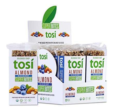 Tosi Organic SuperBites Vegan Snacks, Almond Blueberry, 2.4oz (Pack of 12), Gluten Free, Omega 3s, Plant Protein, Fiber from Flax and Chia Seeds