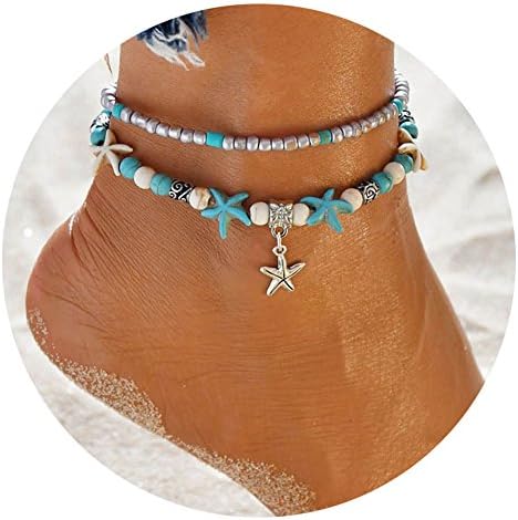 CHRAN Starfish Sea Turtle Anklets Multi Layered Turquoise Stone Beads Boho Beach Charm Anklet for Women