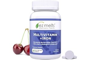 EZ Melts Multivitamin + Iron - Daily Multivitamin for Women & Men - Supports Healthy Energy Levels & Antioxidant Protection - Non-GMO & Vegan - Tropical Cherry - 60 Dissolvable Tablets (30 Servings)