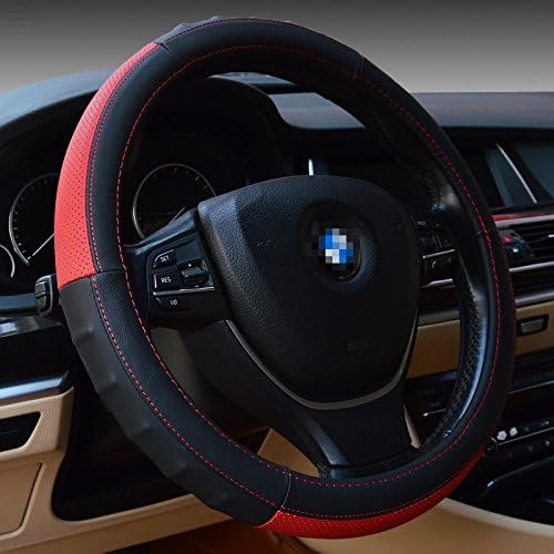 Universal 38cm Microfiber Leather Splicing Auto Car Steering Wheel Cover Breathable Skidproof Ergonomic Design Comfort Hand Grips (Black/Red)