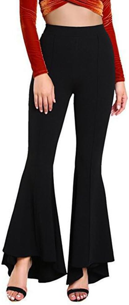 GUOLEZEEV Women Ruffle Bell Bottoms Elastic Waist Solid Fit and Flare Pant Slim Trouser S