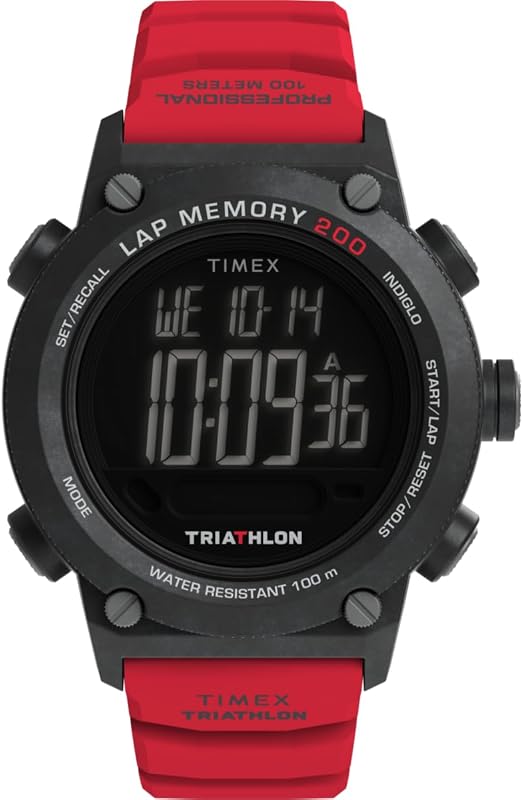 Triathlon 200 Lap TW5M67000 - Orologio da uomo da 44 mm, cinturino in silicone nero con display digitale