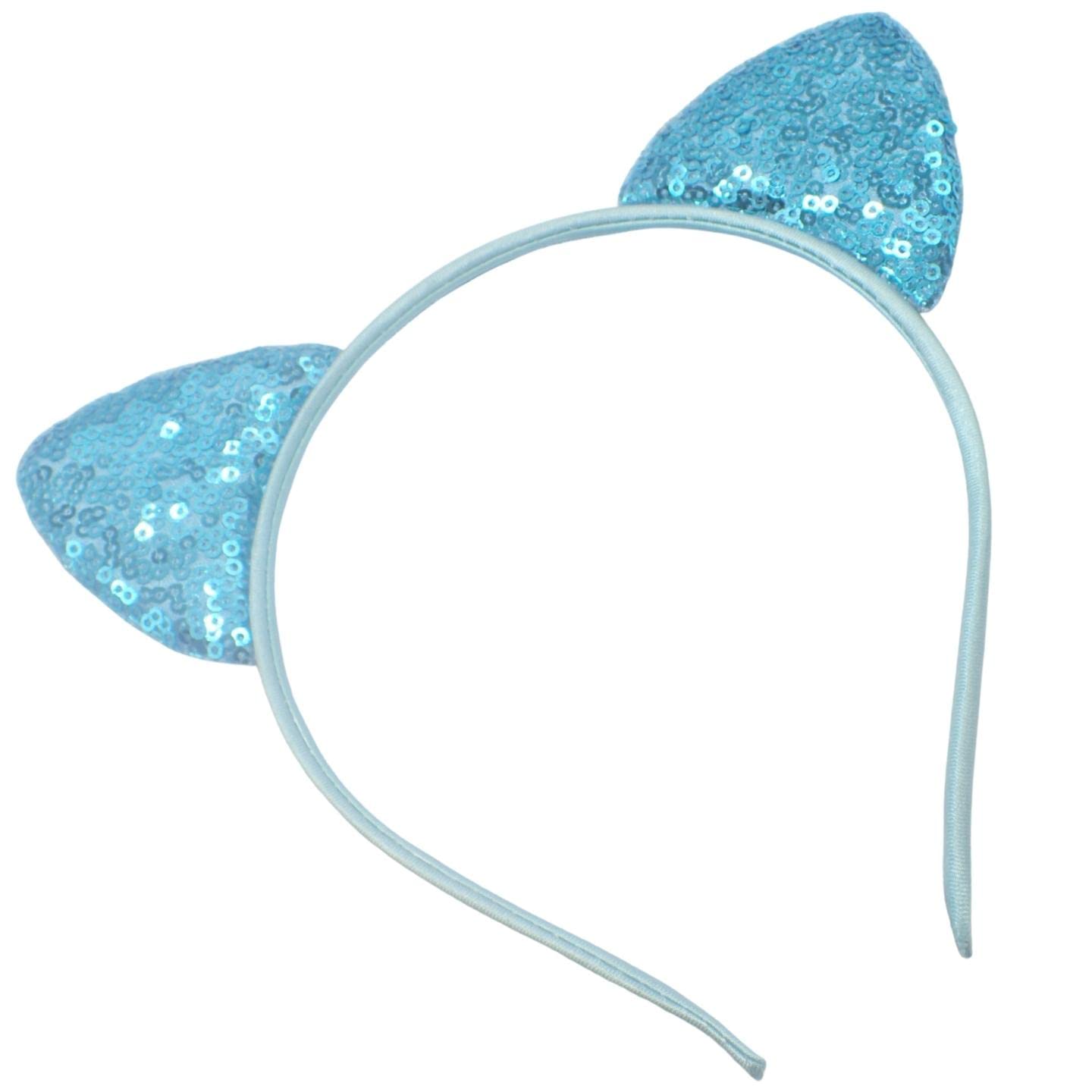 Topkids Accessories Cat Ears for Kids & Adults, Black Cat Headband, Kids Dress Up, Cosplay Accessories, Animal Fancy Dress Costume, Fluffy Cat Ears, World Book Day Costume (Aqua Sequin Ears)