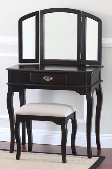 Amazon Com Poundex Queen Anne Style 3 Piece Makeup Vanity Set Espresso Solid Beige Seat Furniture Decor