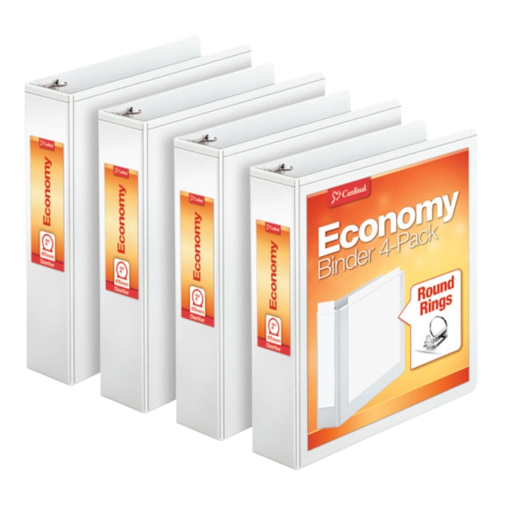 Photo 1 of Cardinal Economy 3 Ring Binder, 2 Inch, Presentation View, White, Holds 475 Sheets, Nonstick, PVC Free, 4 Pack of Binders (79520)