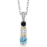Gem Stone King 925 Silver and 10K Yellow Gold Round Swiss Blue Topaz White Lab Grown Diamond and Black Onyx Pendant Necklace For Women (0.63 Cttw, Gemstone November Birthstone, with 18 Inch Chain)