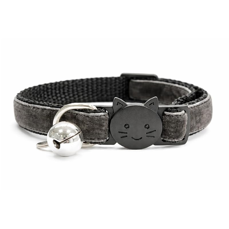 Velvet Cat Collars with Bell | Quick Safety Release Breakaway Buckle | Handmade in the UK | Available in Cat & Kitten Size | Dark Grey Velvet — image 1
