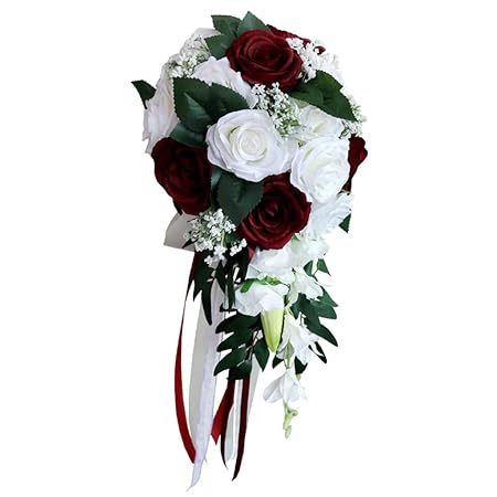 Loviver Bouquet De Mariée Bouquet De Fleurs Artificielles Nuptial Accessoire De Mariage Fête Anniversaire Blanc Vin Rouge