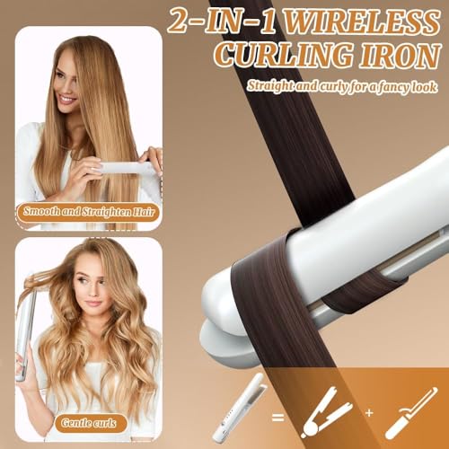 Cordless Hair Straighteners – Rechargeable Portable 2-in-1 Straightener and Curler, Travel-Friendly with 4 Temperature Levels, Fast Heat-Up for Home and Travel Use (White)