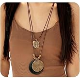 Long Boho Necklaces for Women Stacking Leather Cord Wooden Disc Pendant Necklaces Choker Vintage Adjustable Trendy Necklace Jewelry Gift