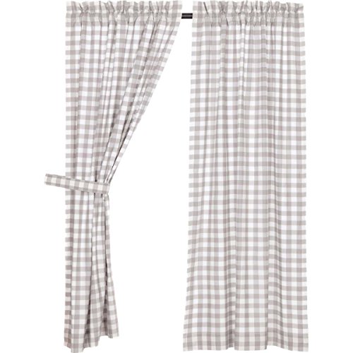 VHC Brands Farmhouse Window Annie Buffalo Check White Lined Short Curtain Panel Pair, Grey