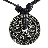 Nordic coin amulet Vegvísir Guidepost Compass sign post wayfinder Odin horn triquetra valknut Mjolnir Thor's hammer pewter pendant Necklace Charm Amulet Medallion Talisman (Black (Adjustable) Cord)