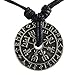 Nordic coin amulet Vegvísir Guidepost Compass sign post wayfinder Odin horn triquetra valknut Mjolnir Thor's hammer pewter pendant Necklace Charm Amulet Medallion Talisman (Black (Adjustable) Cord)