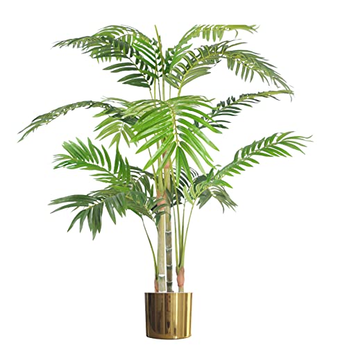 Leaf 120cm (4ft) Realistic Artificial Areca Palm with Pot with Gold Metal Planter